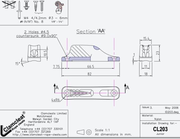 Clamcleat cl203 dibujo medidas