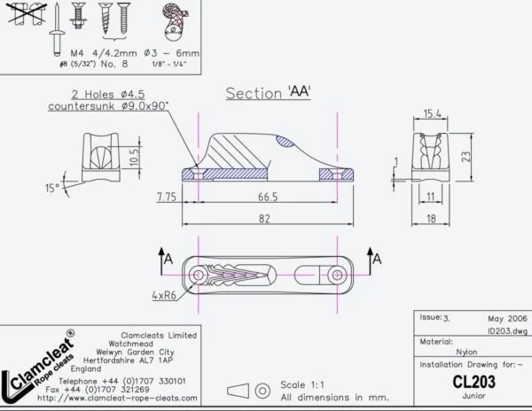Clamcleat cl203 dibujo medidas