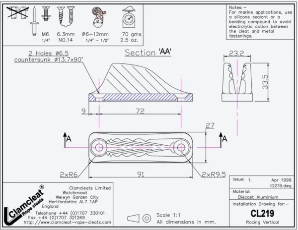 Clamcleat cl219 dibujo medidas